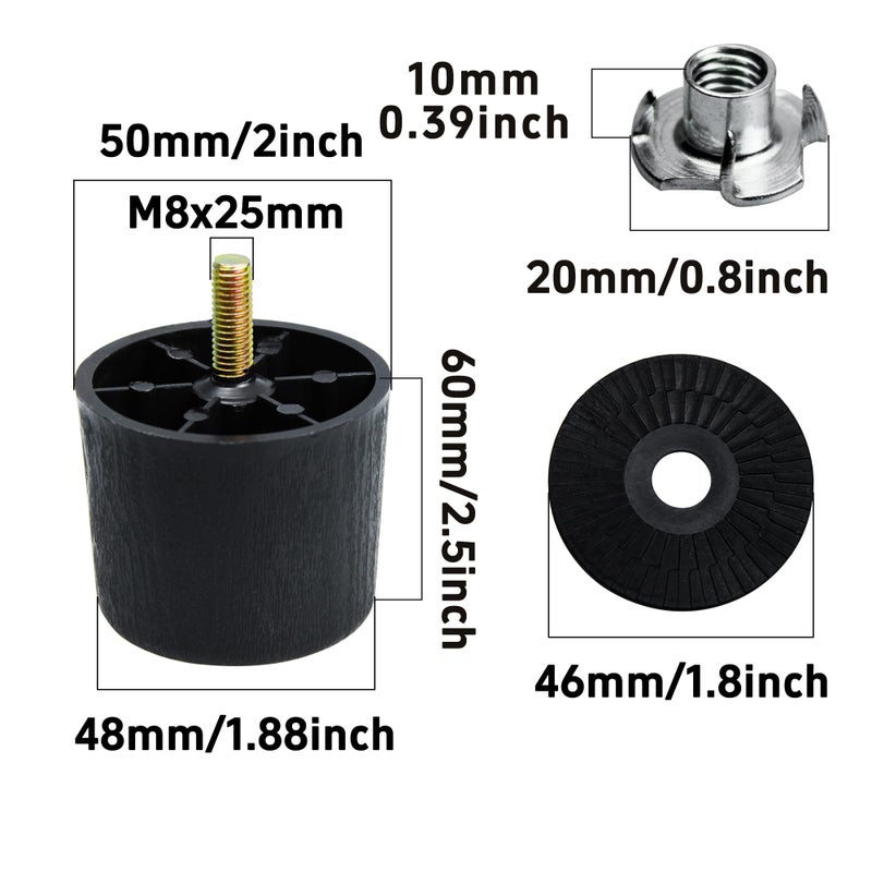 bociloy 4PCS 2.5 Inch Plastic Furniture Legs, Round Tapered M8 Thread Sofa Couch Chair Feet Leg Replacement with M8 Hanger Bolts and T-Nuts, Black - Image 2